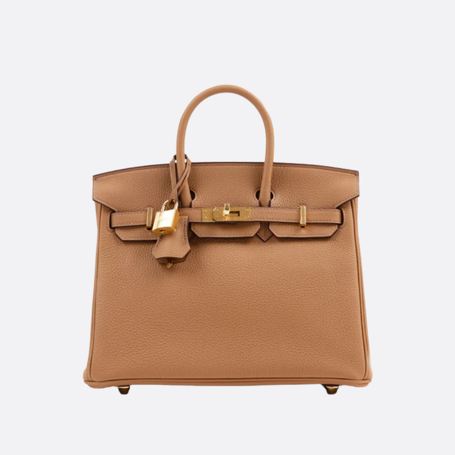 Hermès Birkin 25 HSS Craie/Gris Tourterelle in Togo-Leder mit gebürsteten goldfarbenen Beschlägen