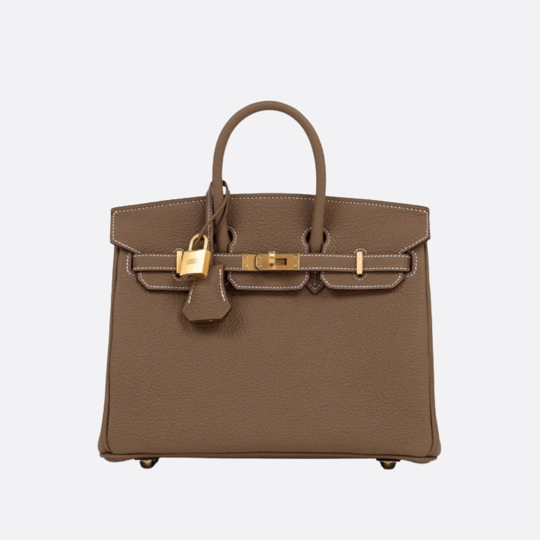 Hermès Birkin 25 HSS Craie/Gris Tourterelle in Togo-Leder mit gebürsteten goldfarbenen Beschlägen