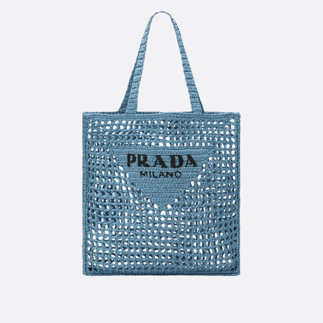 Prada – Shopper Bag aus Raffia mit gewebtem Logo (Blau)