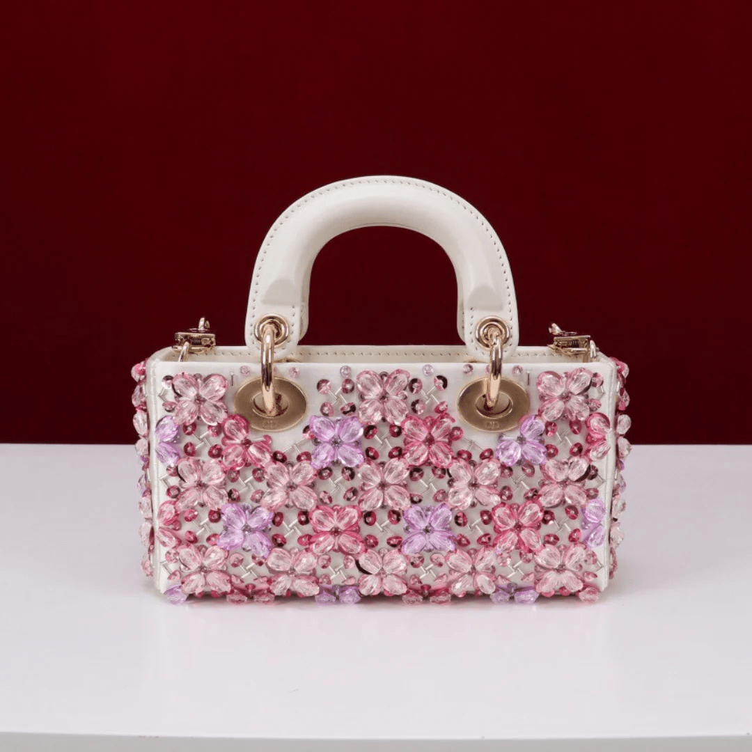 Dior Lady D-Joy Micro Bag in White Calfskin with Pink Floral Embroidery and Strass
